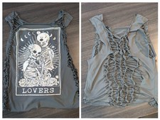 Gray Sleeveless Tank Top with Skeleton Graphic, Ruffle and Cut-Out Accents