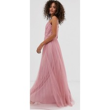 ASOS Pleated Tulle A-Line Faux Wrap Maxi Dress in Dusty Pink Size 6