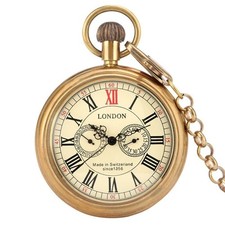 Bronze Men's Skeleton Handwind Mechanical Pocket Watch Roman Number FOB Chain