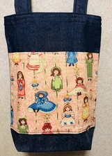 NEW Small Denim Tote Bag Handmade/w Pink Paper Dolls Fabric