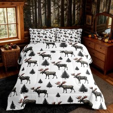 Homewish Moose Bedding Set,Lodge Cabin Wild Animals Decor Comforter Set Kids