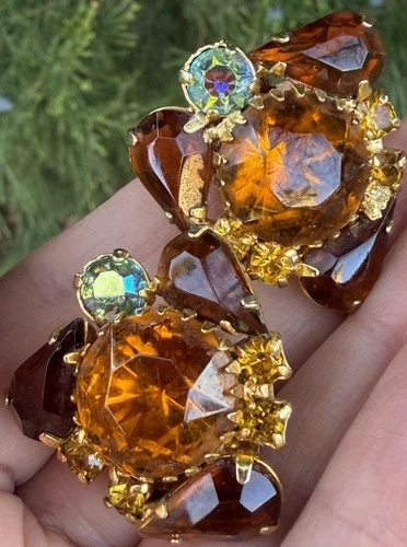 Vintage Amber brown Rhinestone open back cluster clip Earrings costume jewelry
