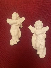 Vintage Set  2 Cherub Angel Harp & Horn Wall Hanging Plaque White Made In Italy