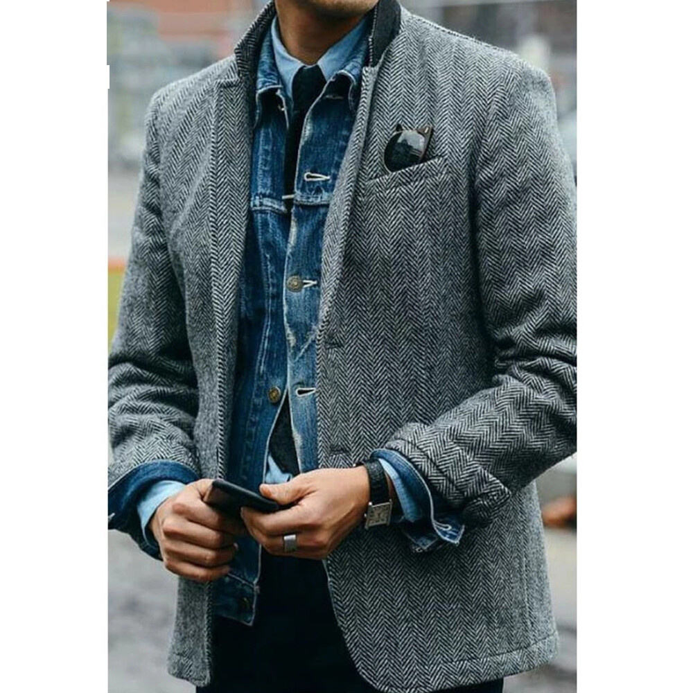 Men's Gray Herringbone Suits Jacket Tweed Casual Wear Blazer