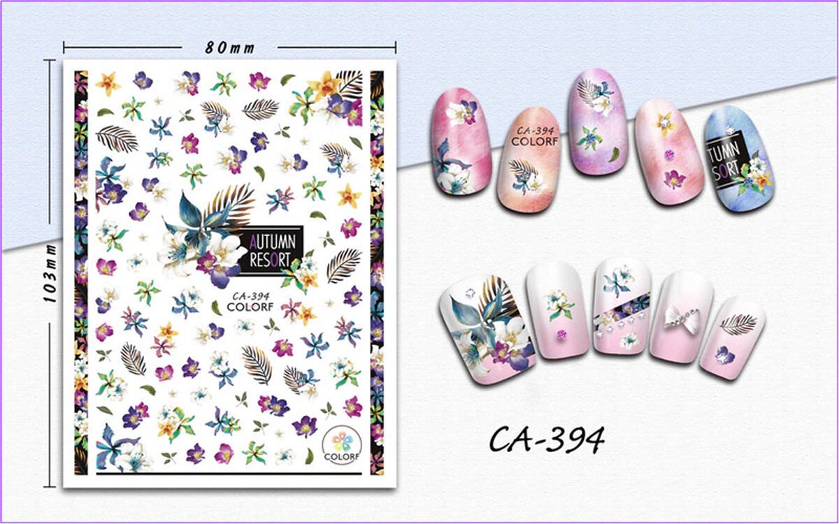 Nail art 3D stickers decal purple blue green yellow white lily