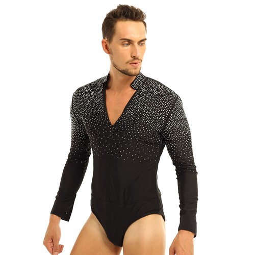 UK Men's One-Piece Bodysuit Long Sleeve V Neck Rompers Dance Undershirt Leotards - Picture 8 of 46