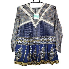 Umgee USA Womens Bohemian Tunic Dress Mixed Print Navy & Yellow 100% Rayon S