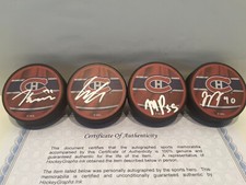 Montreal Canadiens 4 Signed Puck Evans Christian Dvorak Pezzetta Joel Armia COA