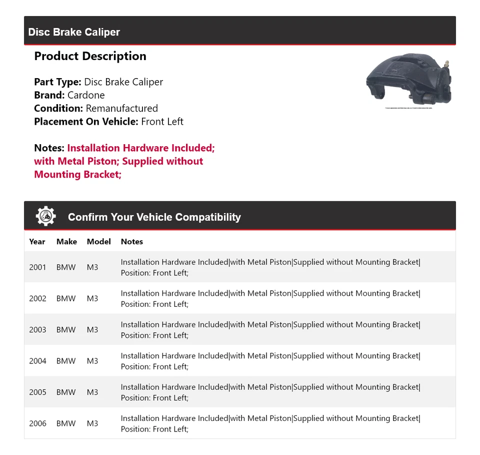 Pinza de freno de disco delantera izquierda cardone 2002 2003 2004 2005 bmw m3 2001-2006 Foto 2 de 4