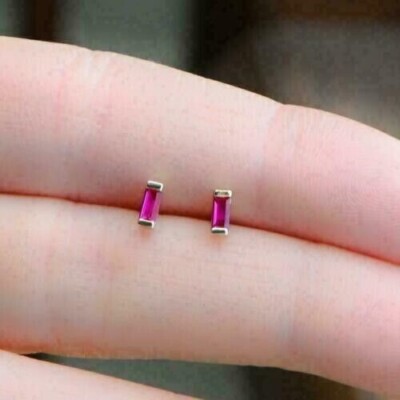 1 CT Baguette Cut Ruby Lab Created Women's Stud Earrings 14K Yellow Gold Finish