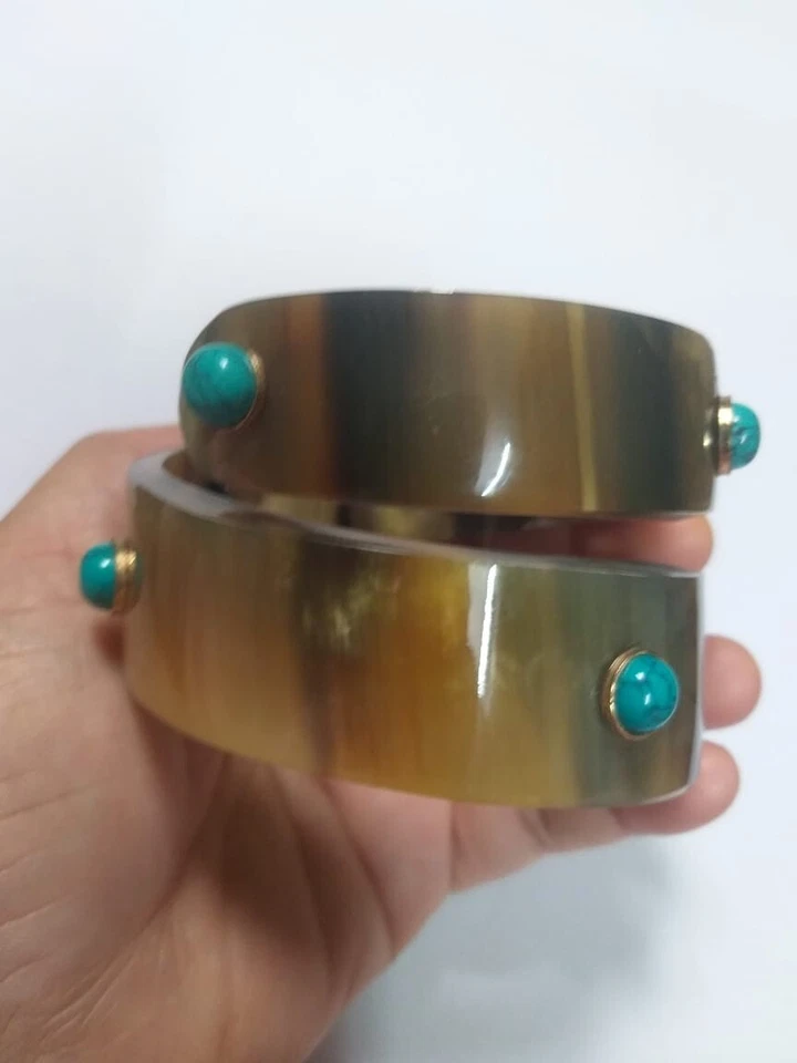 Brazalete brazalete de cuerno de búfalo natural con joyería turquesa pulsera rizada artesanal Foto 2 de 4