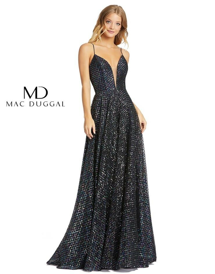 【Mac Duggal】ビーズとパールの黒ロングドレス Mac Duggal 77758M Size 10 Plunging Neckline Sequin Dress in