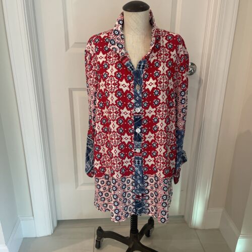 John Mark, XL, Red,White and blue designed Tunic button down blouse - Photo 1 sur 10