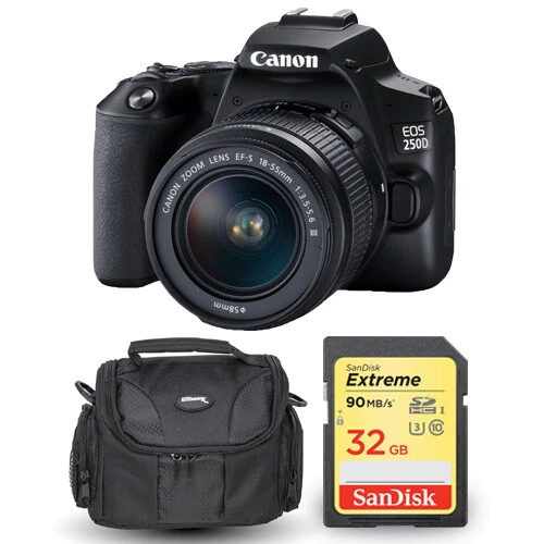 Canon EOS 250D/Rebel SL3 con lente 18-55 mm f/3,5-5,6 III + Extreme 32 GB y estuche-