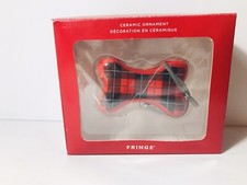 Christmas Dog Bone Plaid Ornament Ceramic By Fringe Red Black NIB
