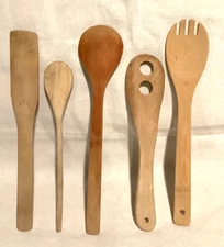 Wood Bamboo Cooking Kitchen Utensil Set of 5 Spoons Spatula Forked Slotted