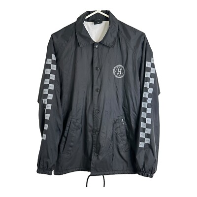HUF Mens Jacket Adult Small Black Windbreaker Checkered Logo Sleeves Snap