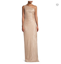 Calvin Klein Ruched Metallic One-Shoulder Gown (Beige, 2)