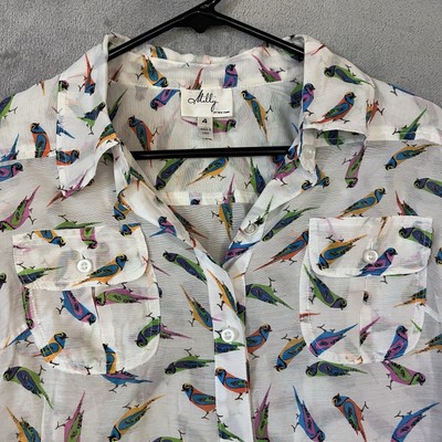 Milly of NY Bird Print Blouse White Womens Sz 4 Semi Sheer Button Up