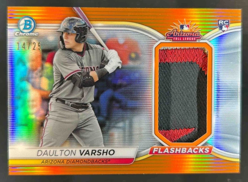 Bowman Chrome Daulton Varsho AFL 2021 parche flashbacks refractor naranja RC #/25