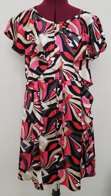WD NY 100% Silk Abstract Print Dress L Red Pink Beige Tiered Boho Chic