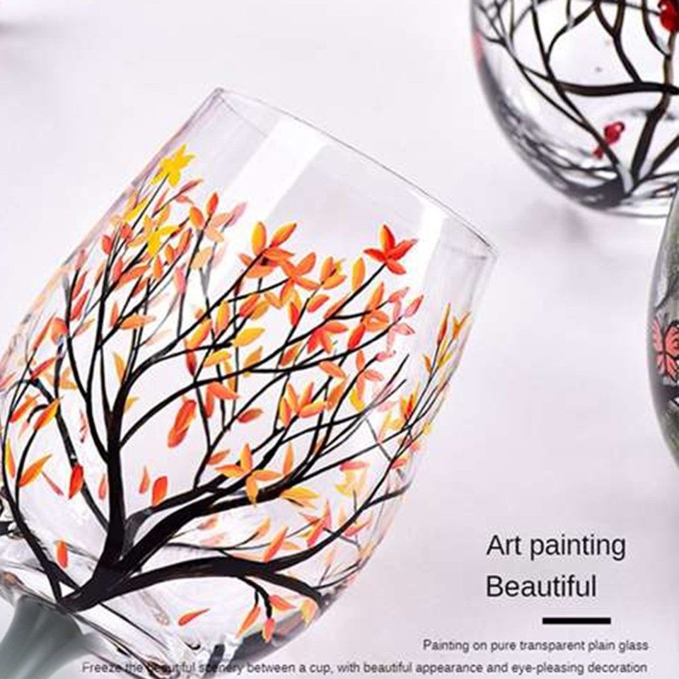 2Pcs Autumn Tree Wine Glass Fall Colors Leaves of Red, Yellow