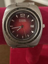 Fossil Blue Men's Stainless Steel Watch Red Dial Date Needs Battery