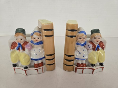 Vintage Danish Boy & Girl 3.5" Planter Book Ends Made in Japan FREE SHIPPING