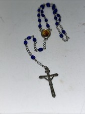 VTG Catholic 5 Decade Rosary Enamel Madonna with Child Blue Beads Silvertone