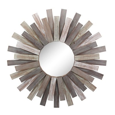 Large Round 32'' Wooden Sunburst Wall Mirror with Attached Hanging Bracket, De...