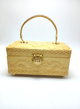 Vintage 40s 50s Medium Handmade Wooden Box Purse Handbag Decoupage Folk Art