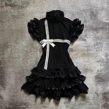 Japanese E-girl Gothic Vintage Dress Women Half High Neck Short Sleeve Bow Lace