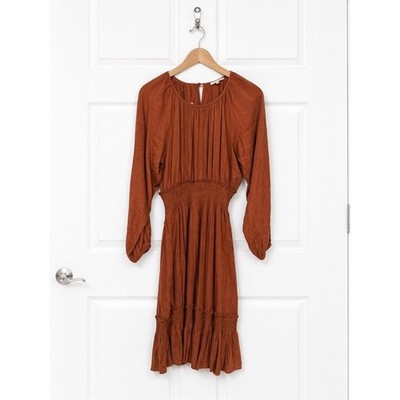 Tea n Rose Rust Orange Smocked Waist Tiered Ruffle Fit and Flare Dress Small