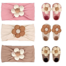 Baby Girl Cute Headband & Socks Combo - Non-Slip Floral Grips Socks & Soft Flowe