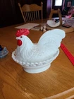 Vintage Westmoreland Milk Glass Hen on Nest 7.5” Split Tail Brown Glass Eyes