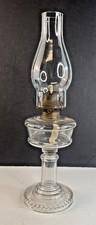 Antique Pressed Glass Pedestal Oil Lamp with Beaded Chimney and Scroll Base — listing 5