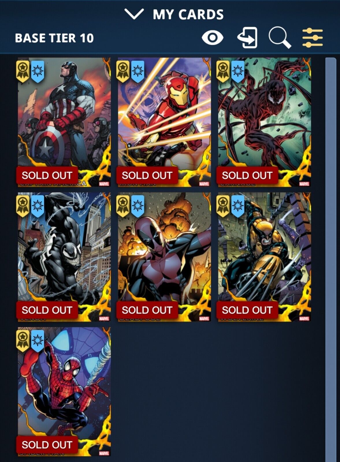 Topps Marvel Collect 2021 Complete Fire Tier 10 with 7 Awards