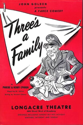 Three's A Family Herald Flyer Ad, Phoebe & Henry Ephron, pièce de théâtre, comédie, New York, 1943 - Photo 1 sur 2