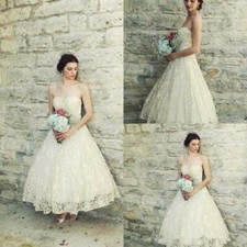 Vintage Tea Length Lace Ivory Beach Wedding Dresses Bridal Gown 6 8 10 12 14 16+