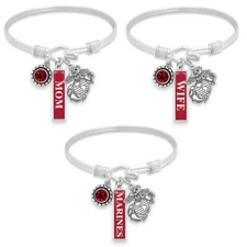 Marines Three Charm Bangle Bracelet Silver Jewelry Choose Wife Mom Marines Charm