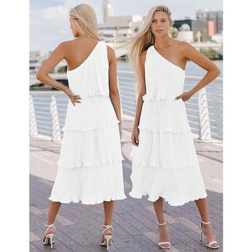 Summer One-Shoulder Sleeveless Pleated Ruffle Tiered Layered Chiffon Party Dress - Picture 8 of 15