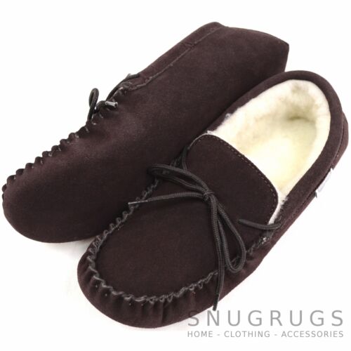 LADIES GENUINE SUEDE MOCCASIN SHEEPSKIN SLIPPERS SOFT SOLE DARK BROWN SIZES 3-9 - Picture 1 of 1