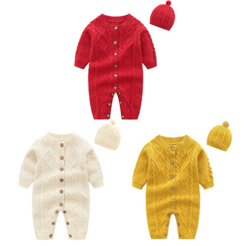 Newborn Infant Baby Knitted Sweater Long Sleeve Jumpsuit Outfit with Hat Set