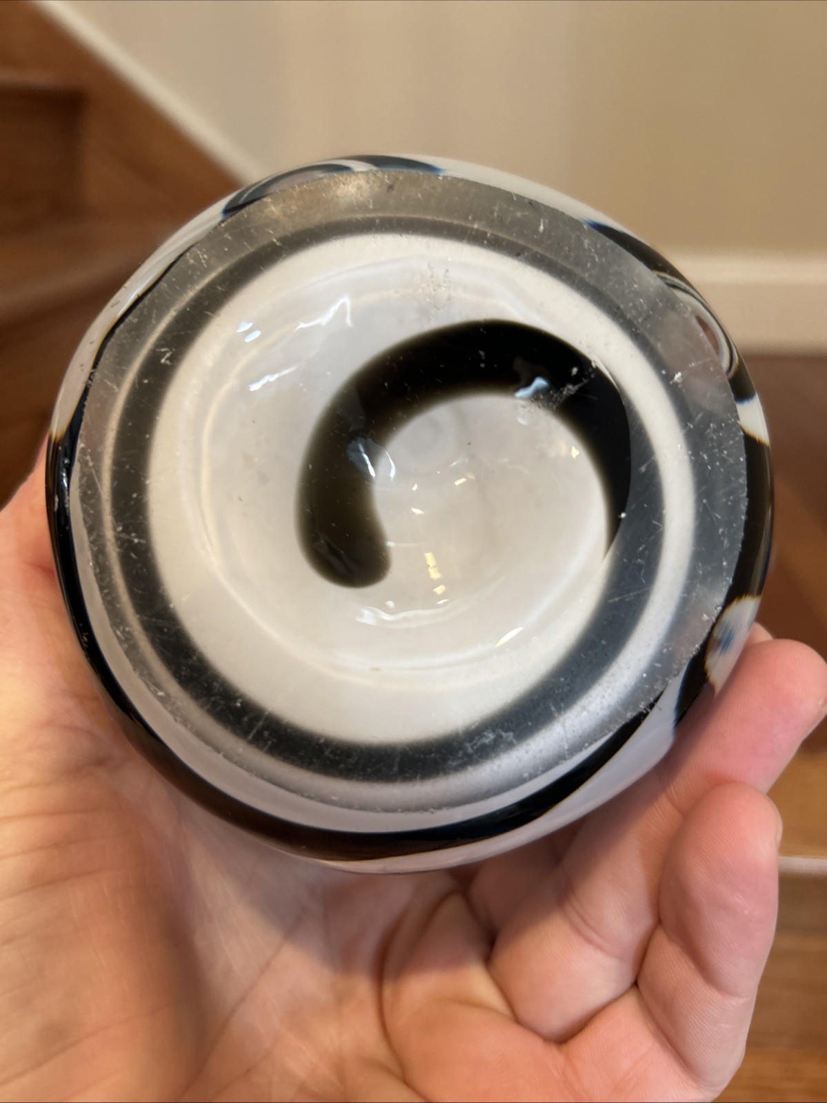 MCM Zorza Art Glass/Candle Holder Hand Made In Poland Black & White Zebra Swirl