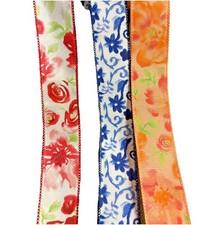 Multi-Color Watercolor Wired Ribbon - 10 Yards, 3 Vibrant Colors