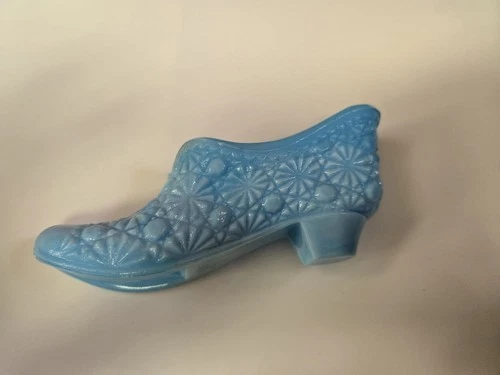 Vintage Fenton Light Blue Slag Glass Daisy Button Glass Shoe Princess Slipper