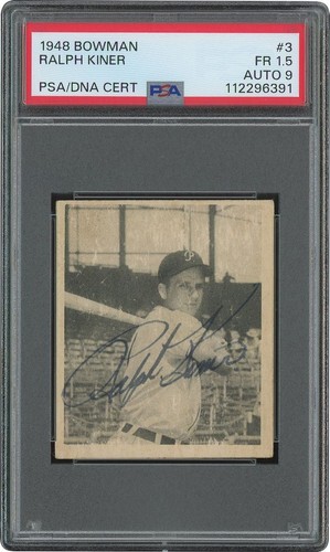 Ralph Kiner Signed 1948 Bowman #3 Rookie Card RC PSA 1.5 PSA/DNA 10 Auto