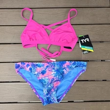 TYR Women's Solid Pink Triangle Top & Pink/purple Vari Classic Bikini Sz M New
