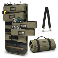 Heavy Duty Canvas Roll Up Tool Bag Organizer w/Detachable Tool Pouches Hangable
