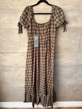 Killstar Grim Gretchen Midi Dress Womens Brown Tartan Square Neck Goth Size M